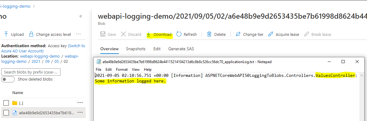 ASP.NET Core Web API (.NET 5.0) logging to Azure Blob Storage
